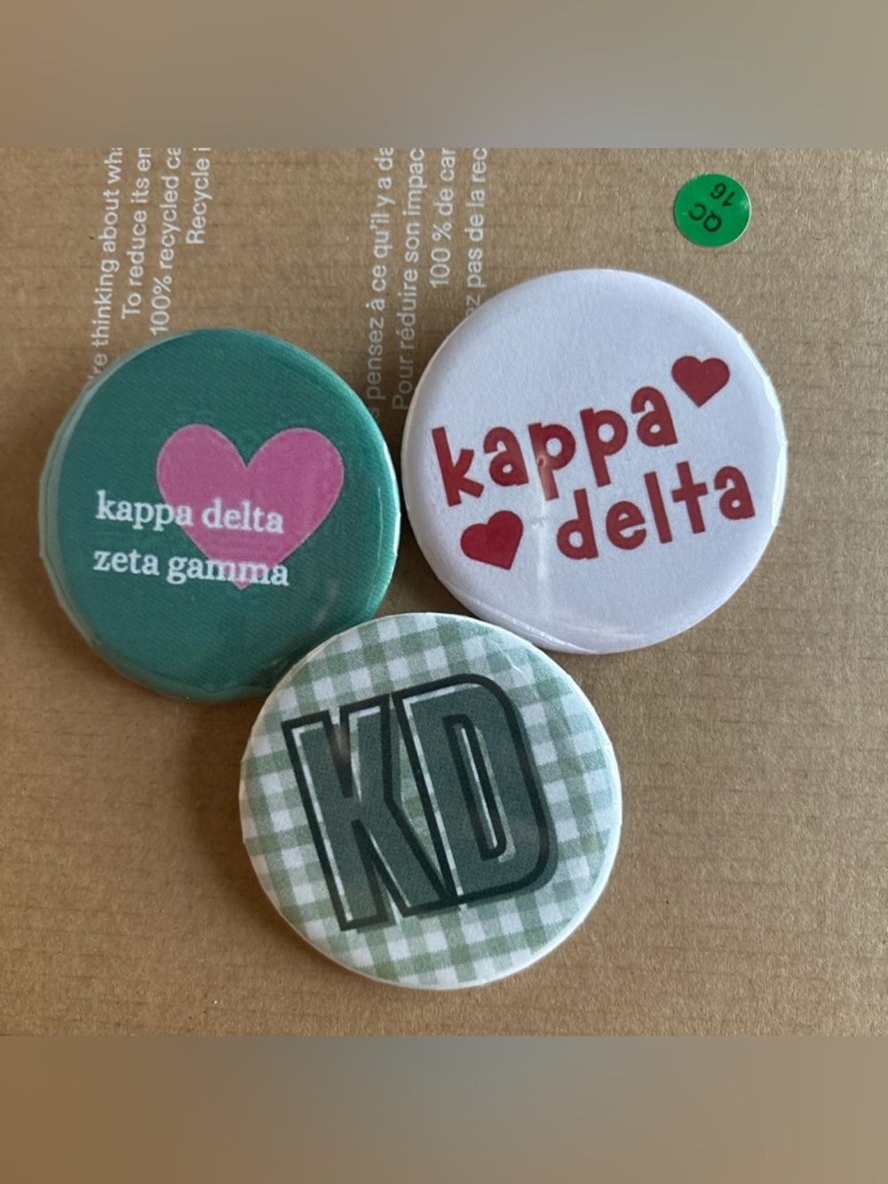 Kappa Delta Sorority Button Pin Trio - Green, White, Pink